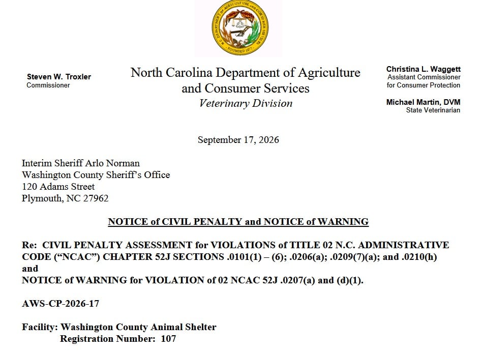 North Carolina Agency Fines Washington County Animal Shelter Over 30 Violations
