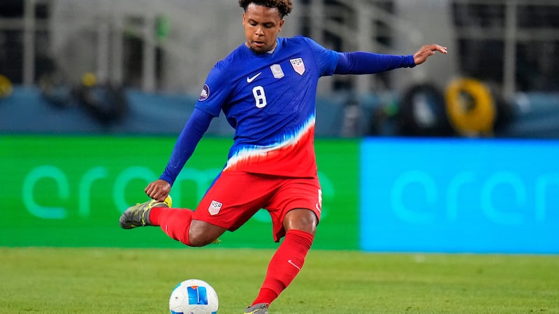 FILE - United States' Weston Mckennie clears the ball during the first half of a CONCACAF...