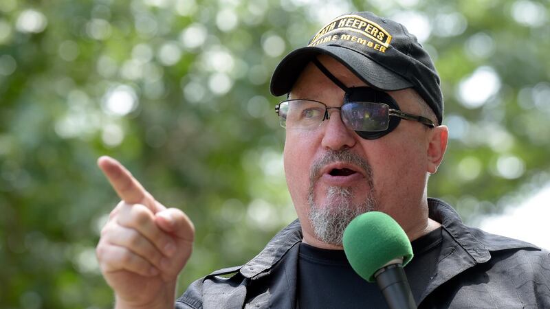 FILE - Stewart Rhodes, founder of the citizen militia group known as the Oath Keepers speaks...