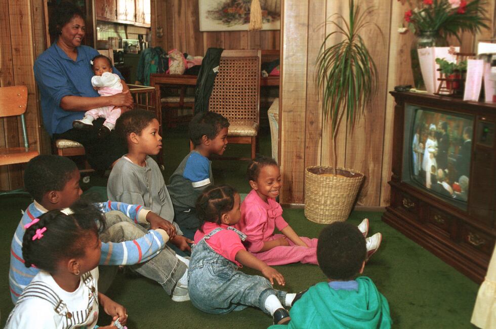 Children gather to watch the wedding of Maria and Luis on Sesame Street in 1988. (AP...