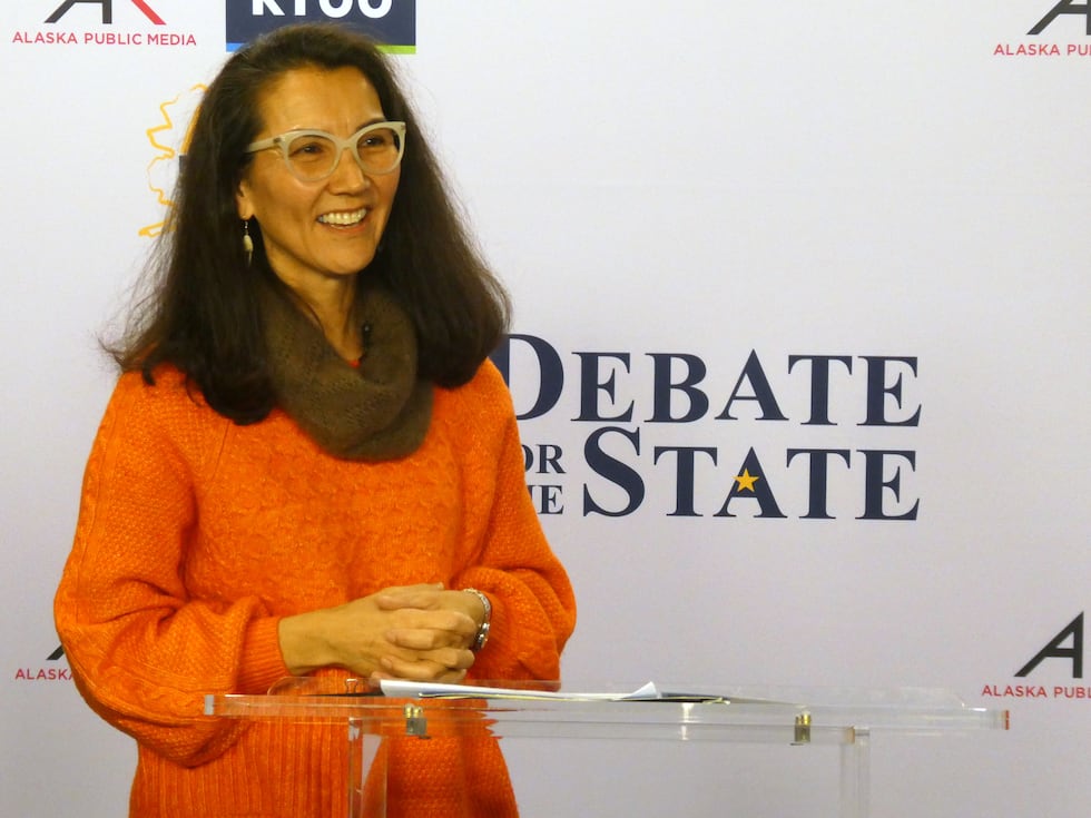 In this photo shot with a smart phone, Democrat Mary Peltola smiles ahead of a debate with...