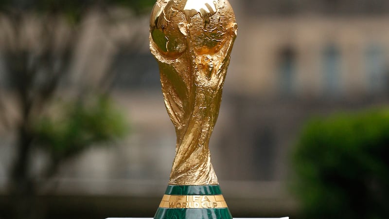 FILE - The FIFA World Cup Trophy is displayed before a press conference at Rockefeller Plaza,...