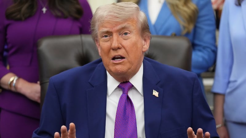 President Donald Trump speaks to reporters at an event about maternal healthcare, Monday, May...
