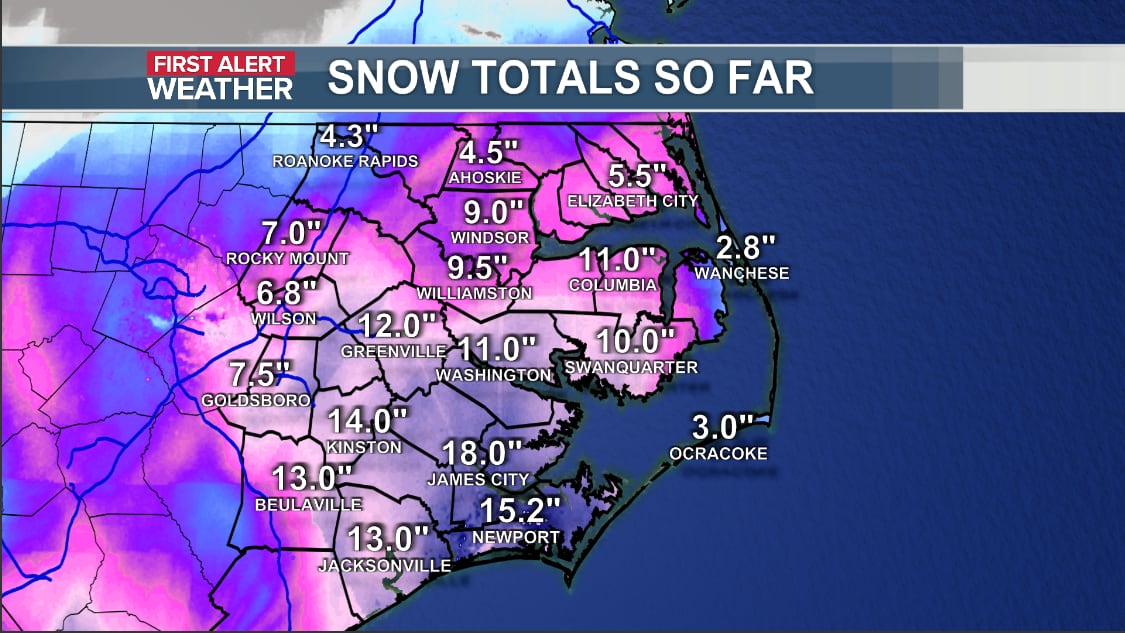 Snowfall totals across ENC so far