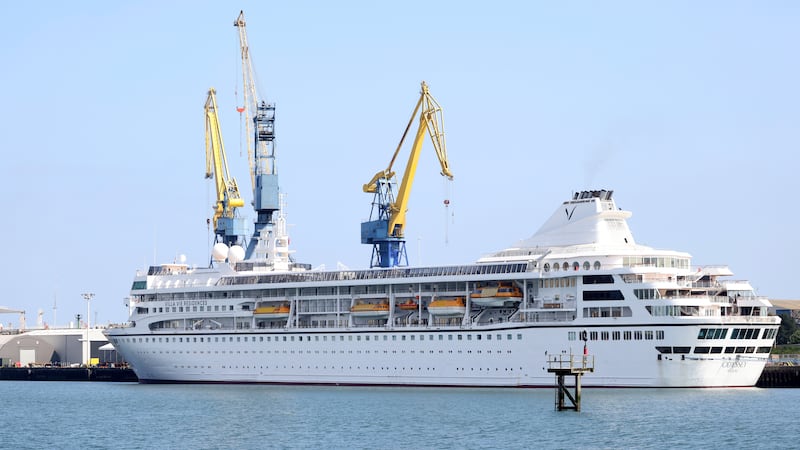 FILE - The Odyssey, a U.S. cruise liner operated by Villa Vie Residences is docked at Harland...