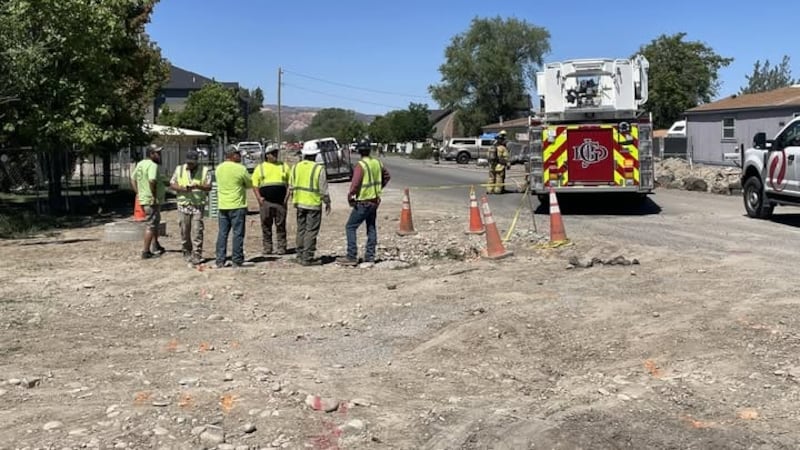 A gas line was breached in a construction zone near Patterson Road late Monday morning.