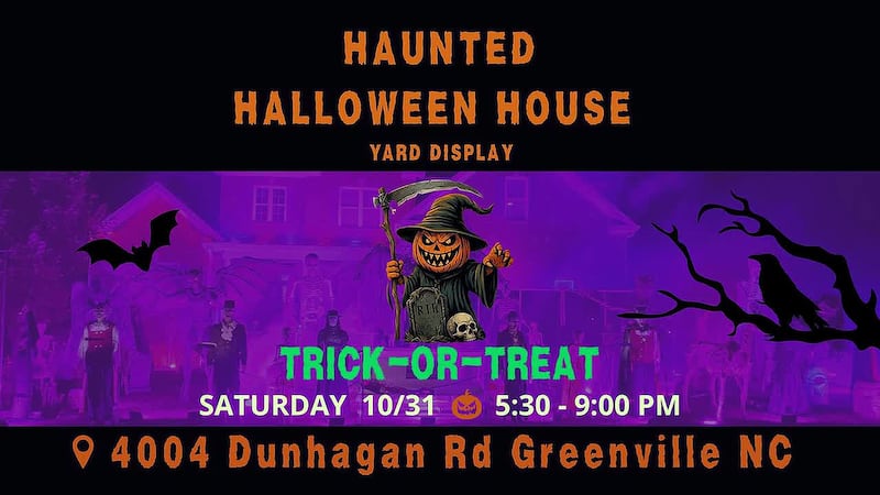 The Reaper Awaits with the Dunhagan Road haunted house display Halloween